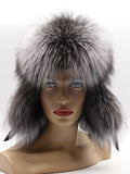 Women’s fur trapper hat in silver fox, slight right angle showing flap length