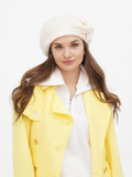 Women's ivory beret hat with flower front portrait, warm neutral wool beret handmade in Ukraine