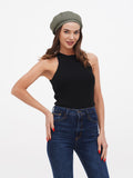 Women's khaki linen beret hat side view showing olive green color and structured flat crown