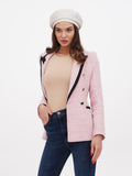 Women's linen beret hat ivory color, full body view with pink tweed jacket and blue flared trousers