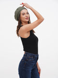 Women's olive green French beret three-quarter front view, summer linen hat handmade Ukraine