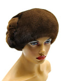 Women's pastel brown mink fur beret with flower front view showing soft brown dome and mink flower detail