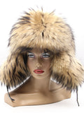 Front view of women’s raccoon hat with full brim and black-tipped fur around the face