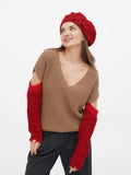 Women's red beret hat with flower, front view showing adjustable fit and flat crown silhouette