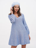 Women's summer blue beret hat close-up front view showing linen texture and powder blue color