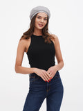 Women's summer linen beret grey three-quarter front view showing beret fit and silhouette
