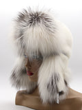 Women’s ushanka hat in white mink, front view with arctic fox trim around the face