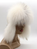 Women’s white aviator hat with tall Silver Cross fox brim, left three-quarter view