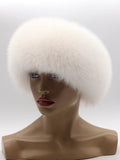 Women’s white fox hat, left three-quarter view showing tall plush fur band