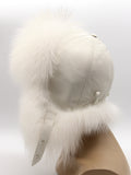 Back view of women’s white leather aviator hat showing stitched panels and fox trim