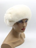 Women's white mink fur beret with flower front view showing full flower detail and clean white mink crown