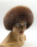 Yaroslavna brown fox fur hat for women, round shape, front three-quarter view