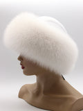 Left profile of Yaroslavna fur hat with white leather crown above the fox band