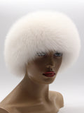 Yaroslavna white fox fur hat for women, round shape, front three-quarter view