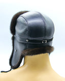 Angled view black mink bomber ushanka earflap detail