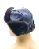 Black mink bomber ushanka with earflaps tied back position