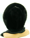 Bottom view of black mink fur hood scarf wrap showing fabric lining and inner construction