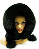 Black fur hood scarf wrap front view on mannequin showing polar fox face trim and full hood shape