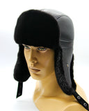 Black mink fur hat and leather bomber ushanka front view earflaps up