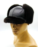 Black mink fur and leather ushanka with bill earflaps up front