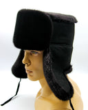 Front view black ushanka earflaps down full coverage