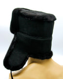 Angled view black mink and suede ushanka full protection