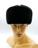 Front view black mink suede ushanka earflaps secured up