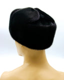 Profile black mink suede ushanka showing fur trim