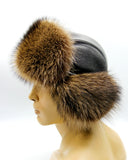 Leather crown construction detail brown raccoon ushanka