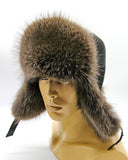 Natural brown raccoon fur hat and leather ushanka front view earflaps up