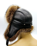 Angled view brown raccoon fur hat ushanka earflap detail