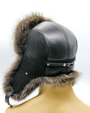 Back view brown raccoon leather fur hat ushanka showing crown structure