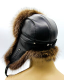 Brown raccoon ushanka with earflaps tied back position