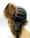 Front view natural brown raccoon fur hat ushanka flat display