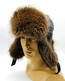Side profile natural brown raccoon fur hat ushanka flat display