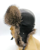 Three-quarter angle brown raccoon fur hat and leather ushanka