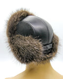 Top-down view dark leather crown brown raccoon fur hat ushanka