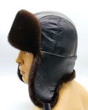 Angled back view leather ushanka earflaps down