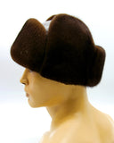 Angled view light brown mink fur hat leather ushanka