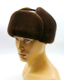 Side view light brown mink leather fur hat ushanka