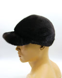 Angled view man wearing black mink fur baseball cap
