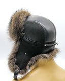 Front view man wearing brown raccoon fur hat and leather ushanka