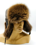 Profile view man wearing brown raccoon fur hat leather ushanka