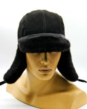 Man wearing mink suede bill ushanka earflaps down coverage