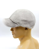 Angled view man wearing sapphire mink fur baseball cap