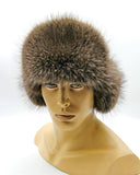 Man wearing brown raccoon leather fur hat ushanka earflaps down front