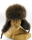Man wearing natural brown raccoon fur hat leather ushanka side view
