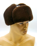 Man wearing light brown mink leather ushanka front