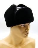 Front view man wearing mink fur hat leather ushanka