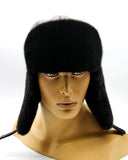 Man wearing mink leather ushanka earflaps down front